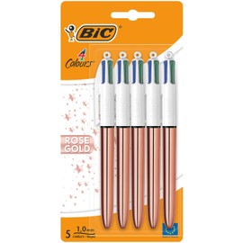 BIC 4 Colours Rose Gold Pen, Multi Coloured Pens All In One, Retractable Ballpoint Pen, Medium 1.0mm, Green, Blue, Red, Black, 5 Pens Per Pack, 1 Pack