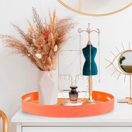 Fuukou Orange Decorative Tray,Elegant Round Plastic Serving Tray with Handles,Round Ottoman Tray Coffee Table Tray for Living Room,Home Decor 13"