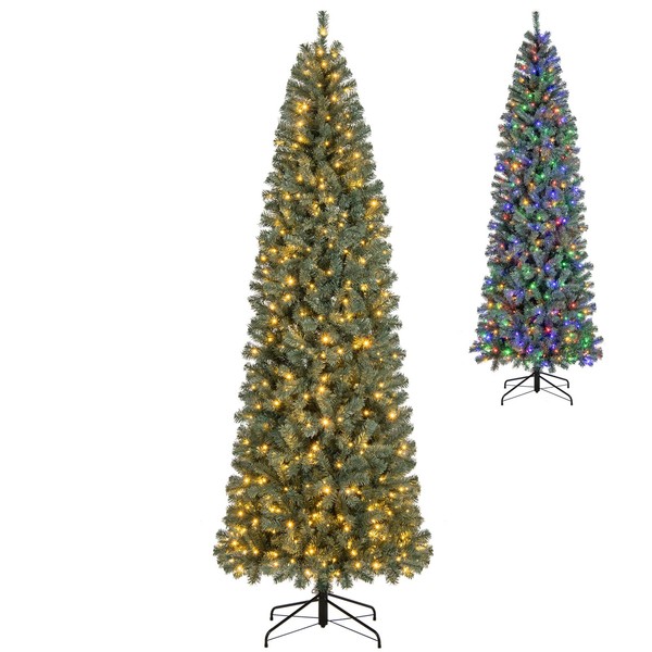 HAPPYGRILL 9 FT Pre-lit Pencil Christmas Tree, Hinged Artificial Xmas