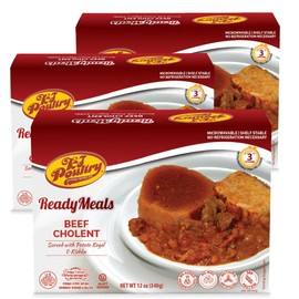KJ Poultry Kosher Ready Meals - Beef Chulent & Kugel, MRE Meat Meals Ready to Eat, Shabbos Food (3 Pack) Prepared Entree Fully Cooked, Shelf Stable Microwave Dinner Travel, Military, Camping, Survival