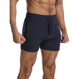 EVERWORTH Pantalones cortos de entrenamiento ligeros para hombre, de secado rápido, con bolsillos con cremallera, Azul Marino, Small