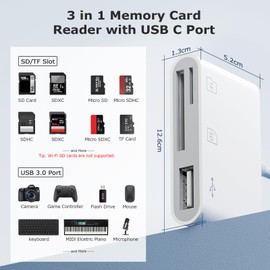 SUNTRSI USB C to USB Camera Adapter, SD Card Reader for iPhone 15 16 Series 3 in 1 Memory Card Adapter with Dual Card Slots & USB Port for iPhone/iPad/Mac/Laptop/Android Trail Camera Card Reader Plug and Play