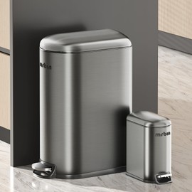 MRBIN 1.6 + 10.6 Gallon Stainless Steel Trash Can Combo Set 2 Pack, Slim Step Waste Basket with Lid and Inner Bucket for Narrow Bathroom, Kitchen, Office, Eclipse Grey