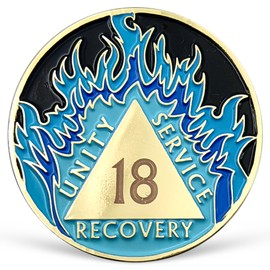 LREQASOR 18 Year Sobriety Chip Blue Flames Sober Coin AA Recovery Medallion Affirmation Sobriety Gifts for Men Women Alcoholics Anonymous Recovery Gifts Anniversary Token