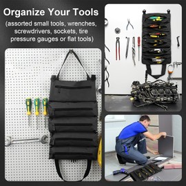 Canvas Wrench Tool Bag Multi-Purpose Roll Bag Tool Roll Up Pouch Wrench Roll Up Bag Tool Bag with 5 Zip Pockets, Craftsman/Electrician, Black
