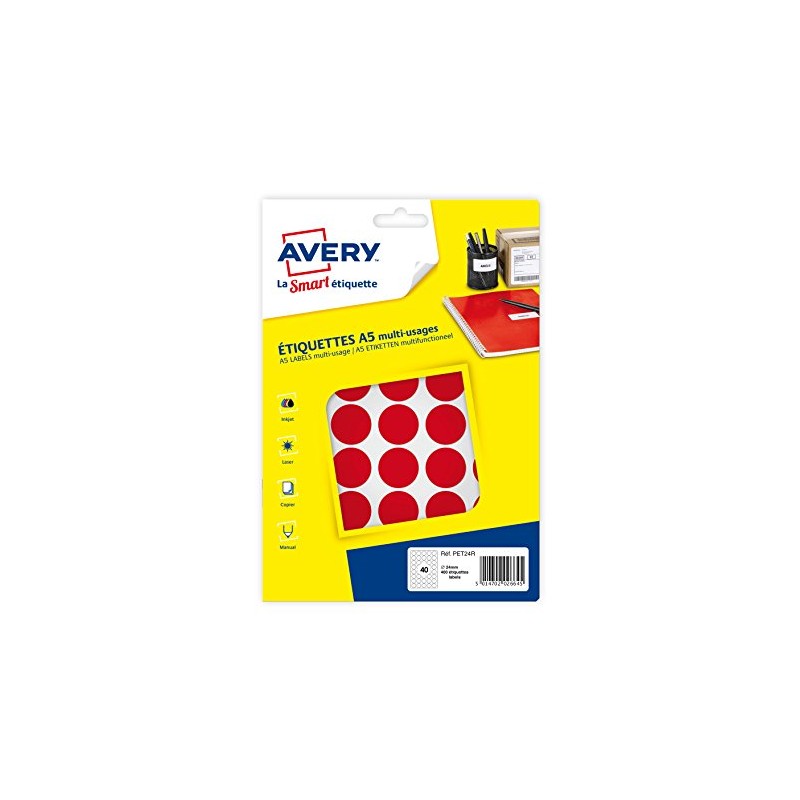 Avery PET24R 400 Tablets Diameter 24 mm A5 Sheet Red