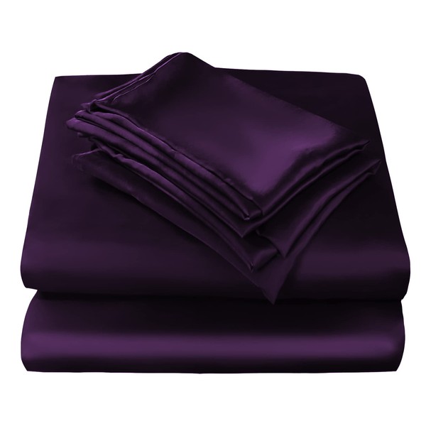 JSD Purple Satin Sheet Set King Size, 4 Piece Silky