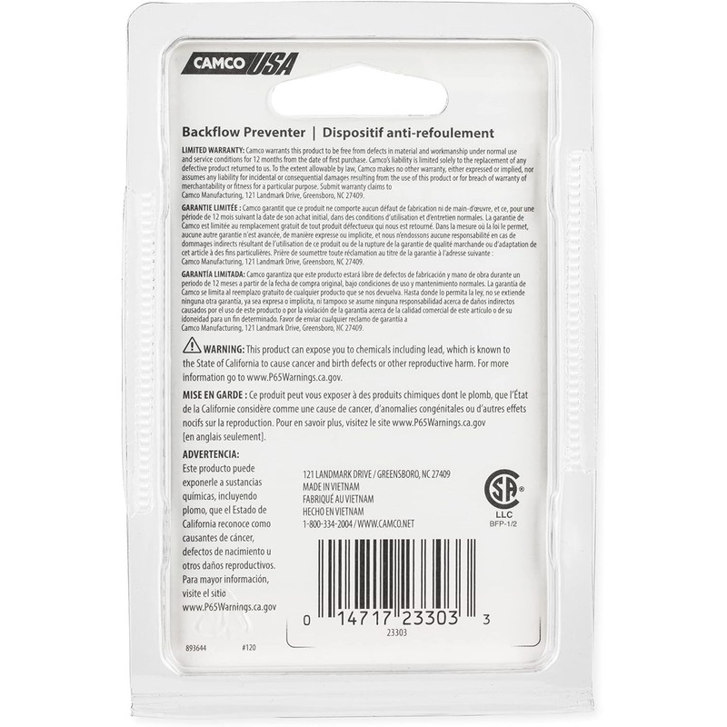 Camco Rv Water Heater Backflow Preventer Brass Hose Pipe Fitting