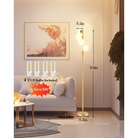 Lightdot 64IN Dimmable (Brightness Adjustable) Globe Floor Lamp, Modern Gold Standing Lamps with 4PCS 3000K G9 Bulbs Soft Warm White Eye Care, Mid Century Floor Lamp for Living Room Bedroom