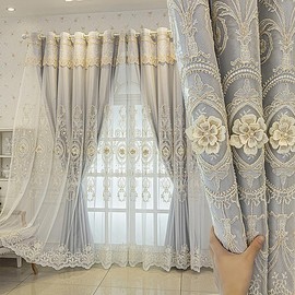 Amidoudou 1 Pair European Double Layer Curtains for Living Room Bedroom 3D Flower Embroidered Curtains with Valance (Grey,51x84 Inch)