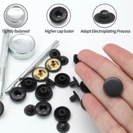 Coufce 12 Sets 15mm Snap Button, Black Metal Snap Fasteners Kit PU Leather Snap Fasteners Set, Boat Canvas Snaps Fasteners Kit for Sewing Clothing, Belts, DIY Crafts (with Setter Tools)