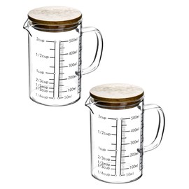QWORK Glass Measuring Cup, 2 Pack 500ML (18 Oz, 2 Cup), High Borosilicate Glass Scale Cup with Handle and Durable Bamboo Lid, for Kitchen or Restaurant