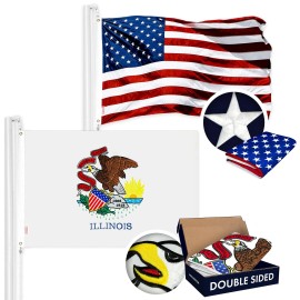 UD_G128 Combo Pack: USA American Flag 3x5 Ft Embroidered Stars & Illinois State Flag 3x5 Ft Embroidered Double Sided 3ply