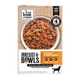 I AND LOVE AND YOU" Irresist-A-Bowls Wet Dog Food, Chicken and Duck Recipe, Ready to Serve, Grain Free, Real Meat, No Fillers, 9 oz Pouches, Pack of 4 Pouches, (Package May Vary)