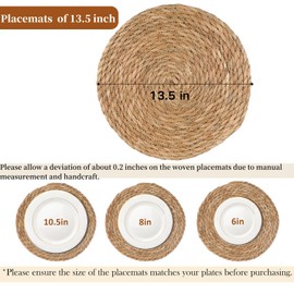 Tobulkirl Woven Placemats Set of 10, 13.5" Round Rattan Placemats, Natural Water Hyacinth Placemats, Farmhouse Weave Place Mats, Rustic Braided Wicker Table Mats for Dining Table, Home, Outdoor