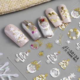 2 Sheets 5D Embossed Christmas Nail Stickers for Nail Art Self Adhesive Christmas Tree Nail Art Stickers Winter Snowflake Snowman Nail Decals Xmas Bow Nail Design Stickers for Women Girl