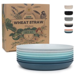 Grow Forward Premium Wheat Straw Dessert Plates - 8 Inch Reusable Hard Plastic Plates Set of 8 - Unbreakable Microwave Safe Plates for Dinner, Camping, RV, Outdoors, Patio, Kitchen Dishes - Seascape