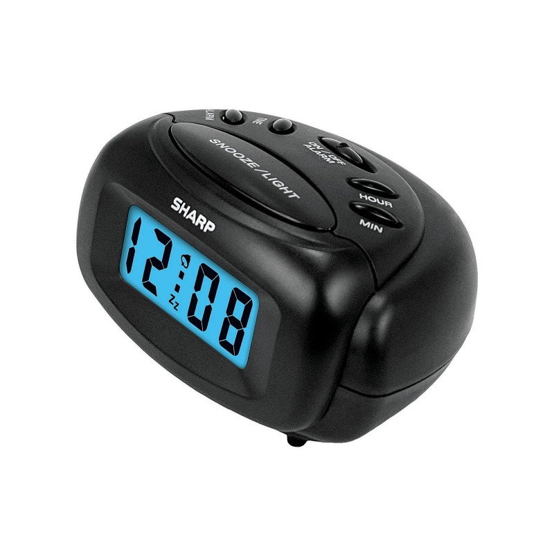 SHARP Digital Alarm Clock, Black, LCD Display, Battery Operated, Small,
