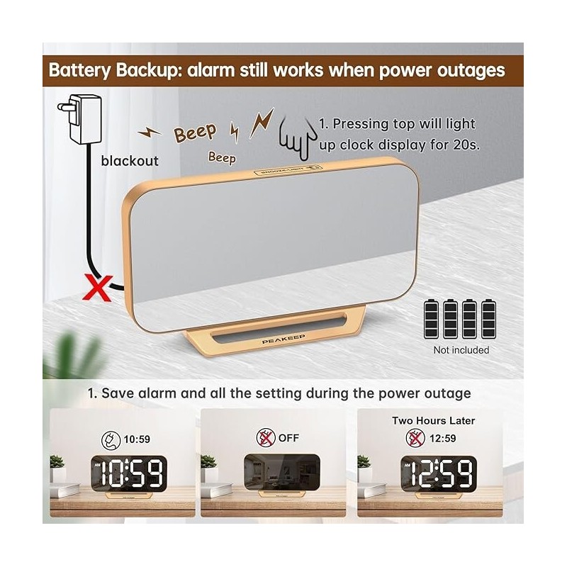 Peakeep Slim Digital Mirror Clock, Aesthetic Alarm Clock for Desk