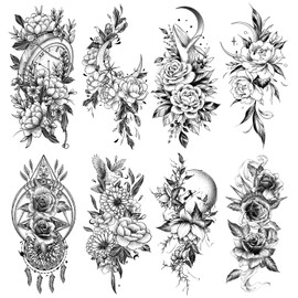 Acevegue Half Sleeve Flower Tattoos for Women, Waterproof Black Fake Tattoos for Adults, Semi Permanent Stick on Temporary Tattoo Stickers Transfers for Body Leg Makeup Decorations - 10 Sheets