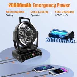 ayamaya Camping Fan with Light 20000mAh Rechargeable Tent Fan with Remote, 9 Speeds Battery Powered Fans with Digital Display, Timer, Auto Oscillation & Hook for Camping, Outdoor Tents, Hurricane