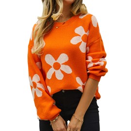 Yimoon Women's Cute Flower Sweater Oversized Crewneck Cable Knit Pullover Top Long Sleeve Aesthetic Sweater(Orange-S)