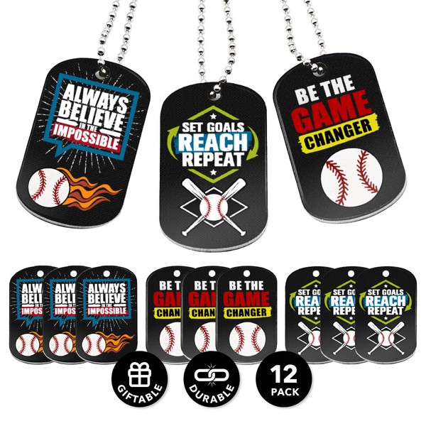 (12-pack) Baseball Dog Tag Necklaces with Motivational Quotes - Wholesale Bulk Baseball Giveaway Gifts for Baseball Party Favors and Goodie Bag Items - Unisex for Youth Teen Boys Girls Adult Men Women