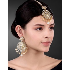 Aheli Ethnic Faux Kundan Drop Pearl Beads Dangle Earrings Maang Tikka Set Bollyood Wedding Party Fashion Jewelry for Women