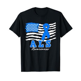ALS Awareness Blue Ribbon American Flag ALS Warrior Fighter T-Shirt