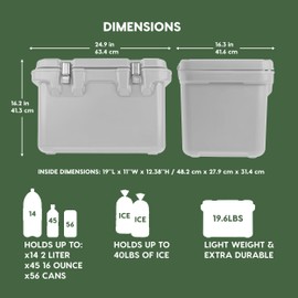 IRIS USA Hugel 44 QT Cooler, Heavy Duty Metal Buckles, Leak-Free Design, Durable Hard Cooler, Ice Chest with Bungee Strap, Molded Handles, Fishing Camping Boat Beach Tailgating Road Trips, Light Gray