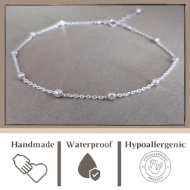 Annika Bella Chain Anklet for Women, Length 9-10 Inches, 925 Sterling Silver Layering Ankle Bracelet, Adjustable Waterproof Anklets, Dainty Gift for Her (Cube Satellite Chain)