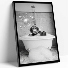 Framed Chimpanzee Bathroom Wall Art, Fun Black And White Monkey Bathtub Canvas, Retro Whimsical Animal Decor, Chimp Lover Gift 8x10 Inches, For Bathroom Man Cave Bar