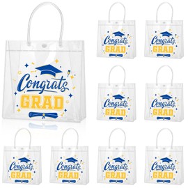 Amylove 12 Pcs Graduation Clear Plastic Gift Bags with Handles Reusable PVC Favor Bag for College Graduation Party(Blue)