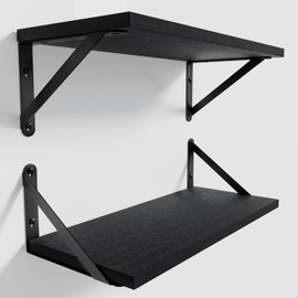 COCOYA Wall Shelves 7.3" Deep Set of 2, Solid Paulownia Wood Wider Longer Sturdy Easy to Install Wall Mounted Bookshelves Storage Shelves Bathroom Home Office Laundry Room Bedroom Organizer Black