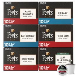 Peet's Coffee, Keurig K-Cup Pods Variety Pack, 100% Arabica Coffee - Major Dickason's Blend, Big Bang, French Roast, Café Domingo, Organic Alma De La Tierra, House Blend, 60 CT (6 Boxes of 10 Pods)
