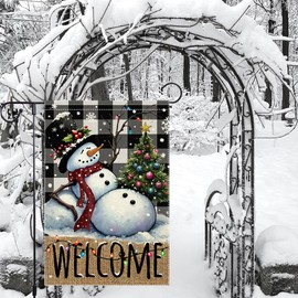 Welcome Winter Snowman Decorative Garden Flag Double Sided 12 x 18 inch, Black White Buffalo Plaid Check Snowflake Christmas Decorations, Yard Outside Holiday Farmhouse Outdoor Small Decor