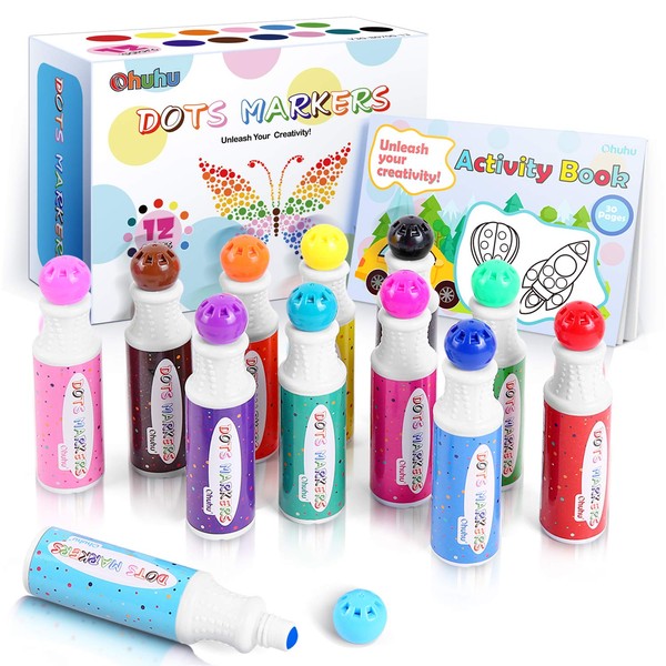 Ohuhu Washable Dot Markers for Toddler 12 Colors Bingo Daubers 40 ml (1.41 oz) with 30 Pages Kids Activity Book for Kids Children (3 Ages +) Preschool Non-Toxic Water-Based Dot Art Markers