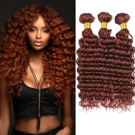 Fridnae Auburn Brown Deep Wave Human Hair Bundles Reddish Brown Bundles Hair 20 22 24 Inch Brazilian Remy Hair 3 Bundles for Black Women