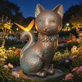 Cat Statues for Outside Garden Decor with Butterfly Solar Lights