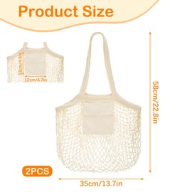 Hejo 2 PCS Grocery String Bags, Cotton Mesh Net String Bags with a Small Pocket, Reusable Mesh Bags, Portable Short Handle Net Shopping Bag for Beach Toys, Fruits, Vegetables Storage (Beige)