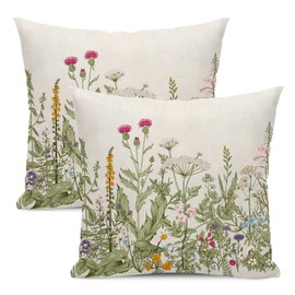 Spring Floral Pillow Covers 20 x 20 Inch Set of 2 Vintage Sage Green Wild Flowers Decor Throw Pillows Wildflower Plant Outdoor Farmhouse Decorative Cushion Cases for Couch Bed Sofa Decoration