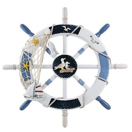 WENDIN Nautical Ship Wheel Wall Decor, 18 in, White and Turquoise, Beach Theme with Seashells and Fish Net (18 inch seagull)