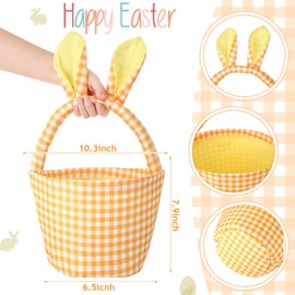 DoubleFill 3 Pcs Easter Bunny Basket for Boys Girls Egg Hunt Basket Bags with Rabbit Ears Plaid Candy Egg Basket Gift Buckets Easter Gifts Storage, 2025 New, Safety and No Odor(Green Pink Yellow)