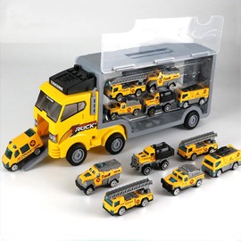 Camion Juguete de Vehículos, 7 en 1 Carritos para Niños con 6 Mini Coches, Portátil Vehículos para Niños, Trailer de Juguete de Cumpleaños Fiesta de Navidad Regalo (Bomberos, Amarillo)