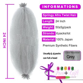 24Inch Afro Twist Hair 6Packs Springy Afro Twist Hair Afro Twist Marley Hair Crochet Braiding Hair (24 Inch (Pack of 6), Grey)