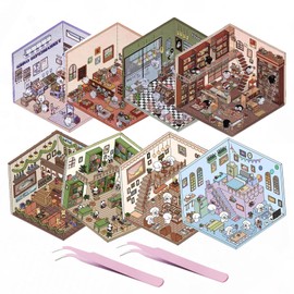 8Sets DIY 3D House Stickers, Fun DIY Stickers Scene Make Your Own Supermarket|Coffee Shop|Restaurant|Bookstore, Fun DIY Stacking Scene Stickers, DIY 3D Sticker Scene Stickers, Style A+Style B