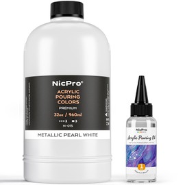 Nicpro White Metallic Pearl Color Acrylic Pour Paint, 32 Ounce Pre-Mixed Pouring Paint Supplies with Silicone Pour Oil, Gloves for Canvas, Rock, Wood Cell Creation Flow DIY Art Painting, Ready to Pour
