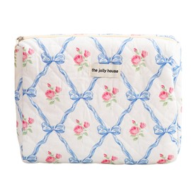 Makeup Bag Cute Cosmetic Bag Floral Large Capacity Quilted Pouch Travel Cotton Toiletry Bags for Women Girls Soft Accessories Organizer Case,Bowknot Blue