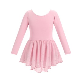IDOPIP Kid Girls Ballet Dress Tutu Dance Leotards for Girls with Sequins Skirt 2 Pieces Sets Cotton Long Sleeve Backless Ballerina Costume Toddler Ballet Outfit Pink 160cm