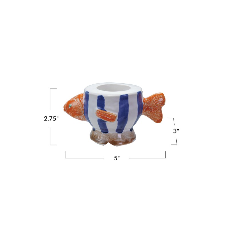 Creative Co-Op Hand-Painted Stoneware Fish Tealight/Taper Holder, Multicolor